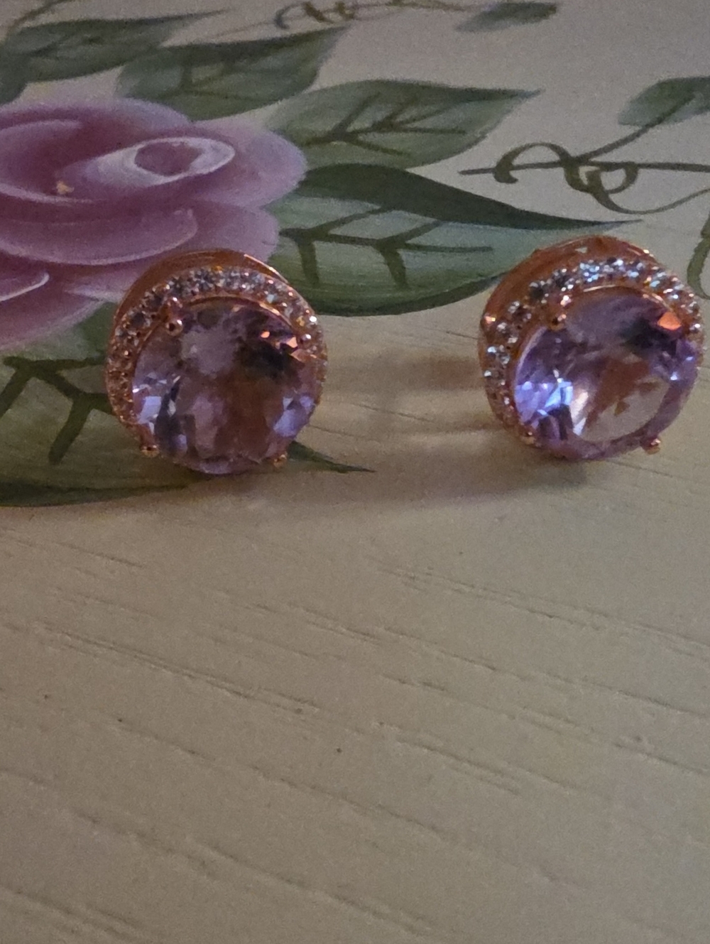 JTV Lavender Amethyst With White Zircon 18K Rose Gold Over Silver Halo Earrings